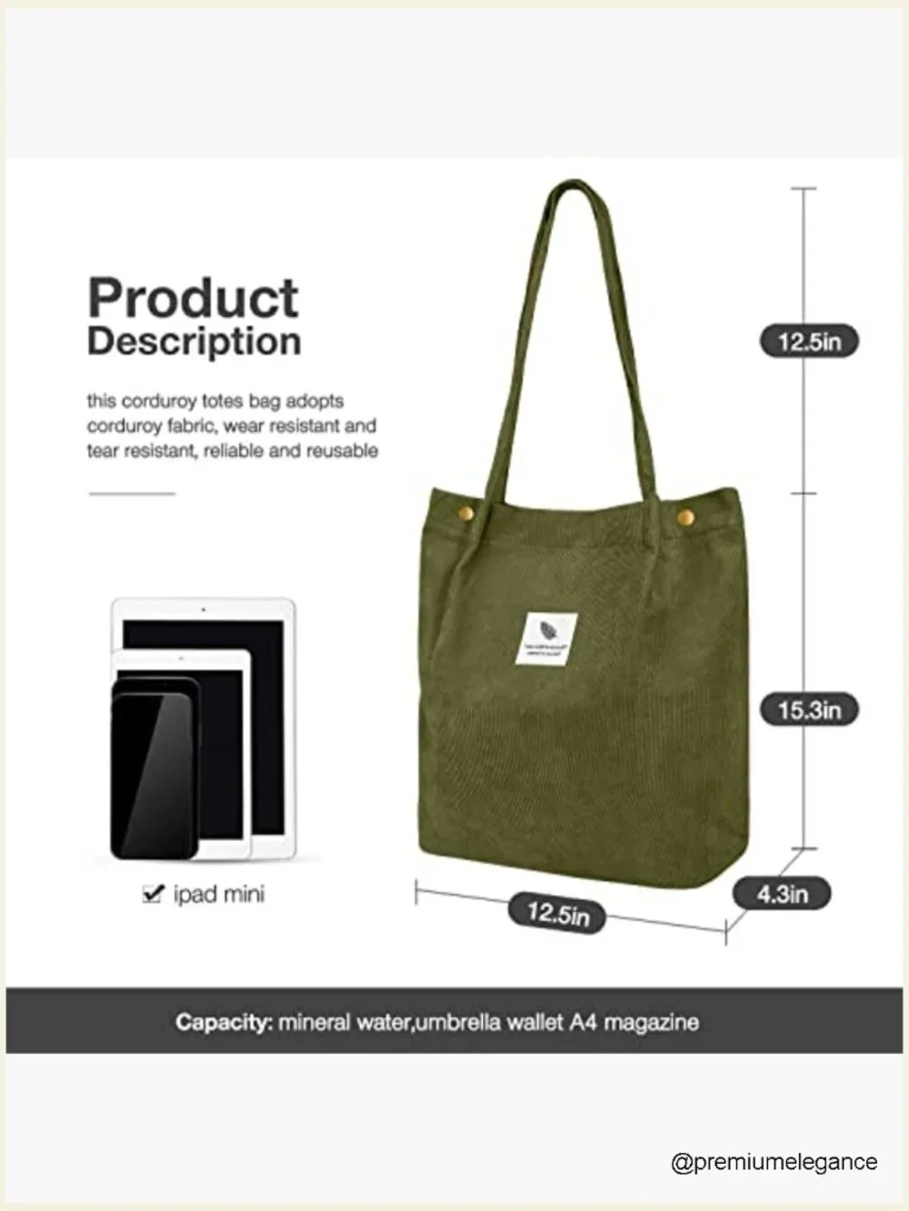 Corduroy Tote Bag Large Capacity Shoulder Purse with Pockets